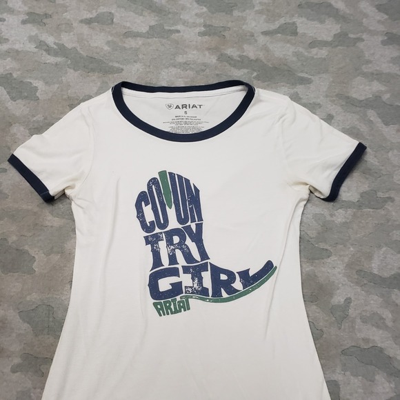 Ariat Top Womens Small White Short Sleeve Ringer Western Rodeo Ranch - Picture 2 of 9